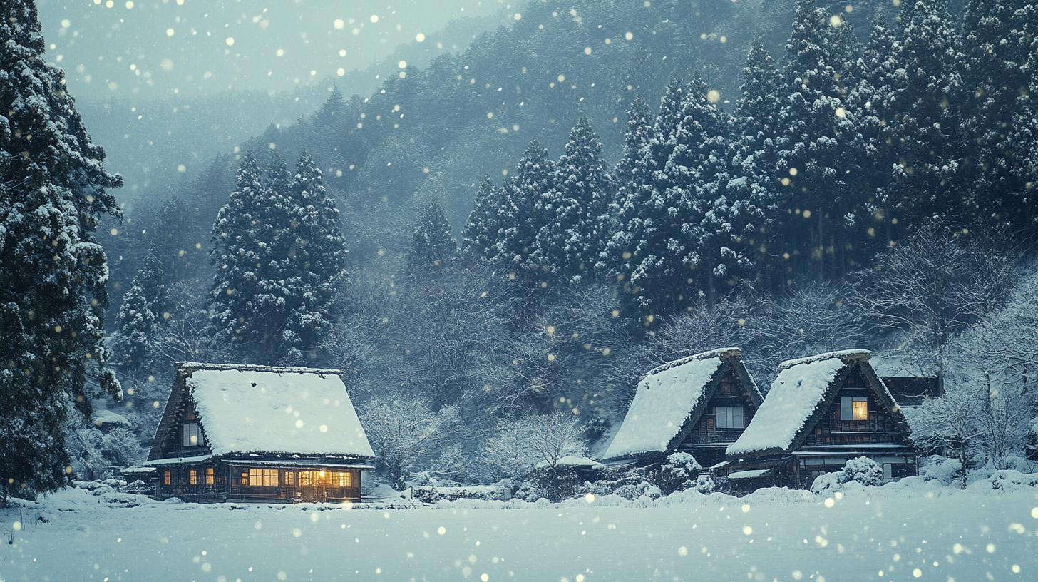 A serene winter scene featuring three traditional wooden houses with steep, snow-covered roofs. The houses are nestled among snow-laden trees, with a gentle snowfall adding to the tranquil atmosphere. Warm light glows from the windows of the houses, creating a cozy contrast to the cold, snowy surroundings.