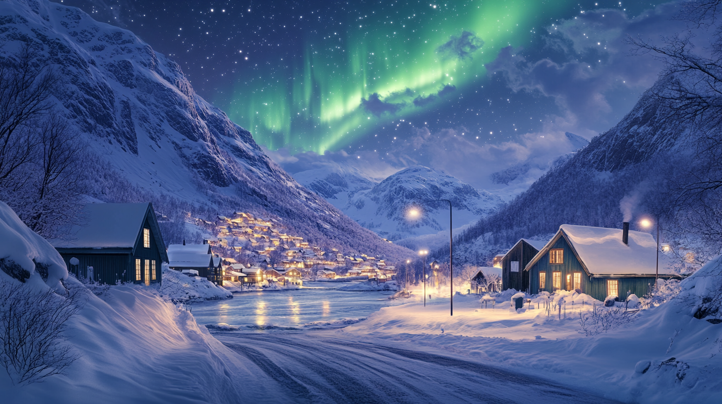 A snowy village scene at night, nestled between mountains. The sky is illuminated by a vibrant green aurora borealis and dotted with stars. Warm lights glow from the windows of wooden houses, and smoke rises from chimneys, creating a cozy atmosphere. Snow covers the ground and rooftops, and a frozen river runs through the village.