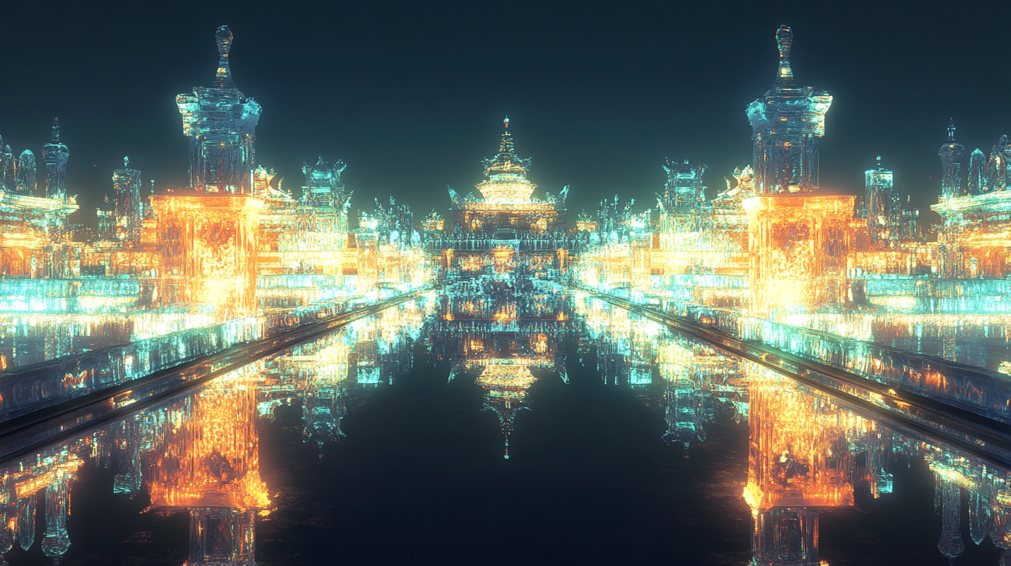 The image depicts a symmetrical, futuristic cityscape with glowing, crystalline structures. The buildings are illuminated in vibrant hues of blue, orange, and yellow, reflecting on a smooth, dark surface below, creating a mirror-like effect. The scene has a surreal, otherworldly atmosphere.