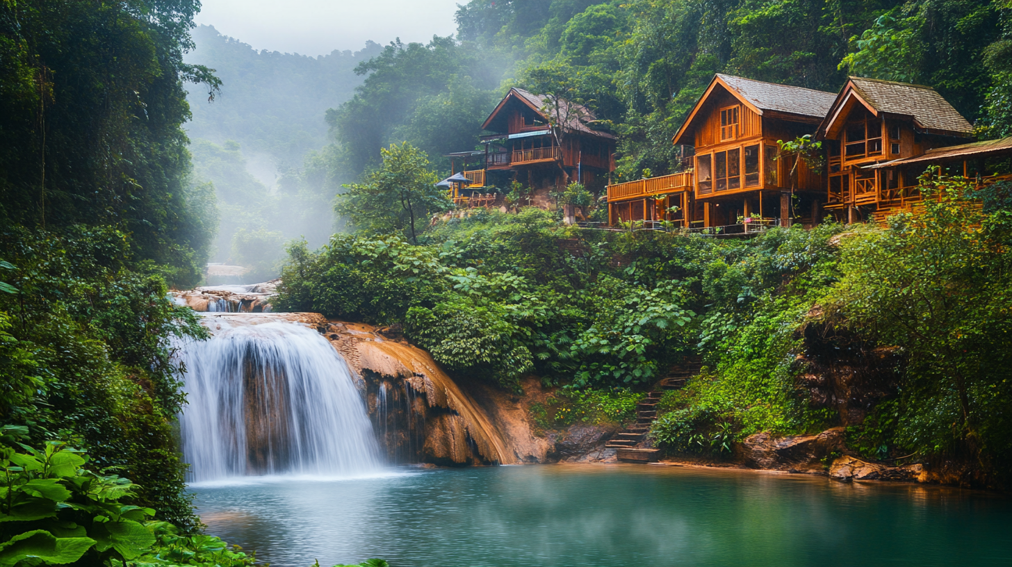 A serene landscape featuring a waterfall cascading into a turquoise pool surrounded by lush green foliage. On the right, there are several wooden cabins perched on a hillside, partially obscured by mist. The scene conveys a tranquil, natural setting.