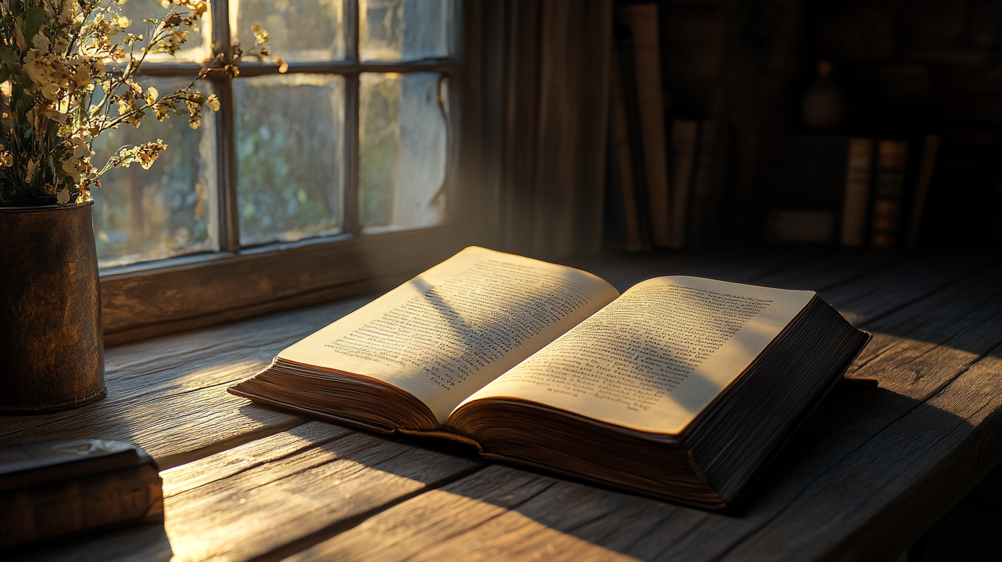 An open book lies on a wooden table, illuminated by warm sunlight streaming through a nearby window. The light casts soft shadows across the pages. A vase with delicate flowers is placed on the table, adding a touch of nature to the cozy, rustic setting. In the background, a few books are visible on a shelf.