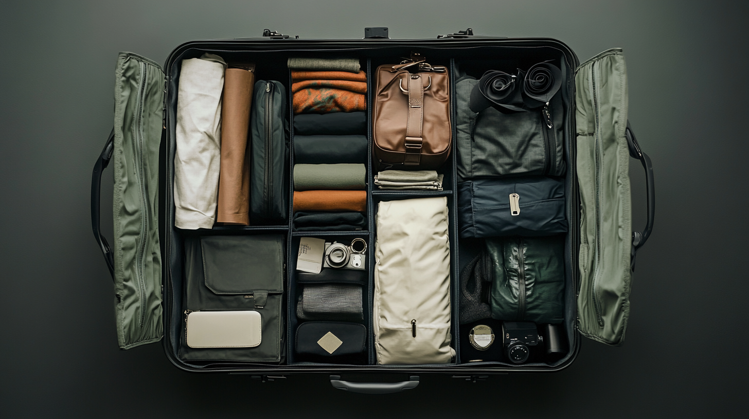 An open suitcase is neatly packed with various items. Inside, there are rolled clothes, a brown leather bag, a camera, a lens, and several pouches. The suitcase is organized with compartments, and the items are arranged efficiently to maximize space.