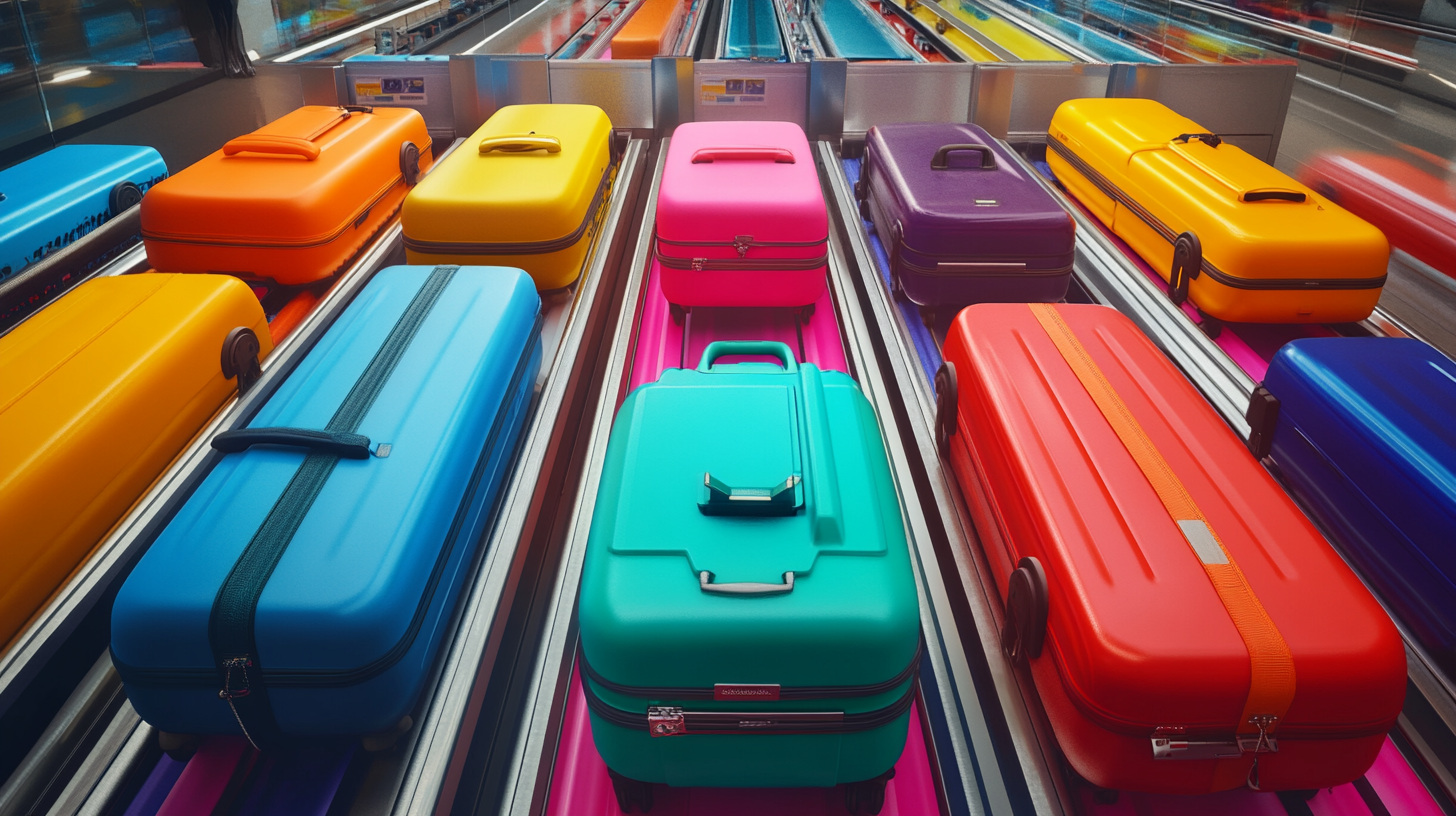 A row of colorful suitcases is displayed on a luggage conveyor belt. The suitcases are in vibrant shades of orange, yellow, pink, purple, blue, teal, and red. The scene is well-lit, highlighting the bright colors and sleek design of the luggage.