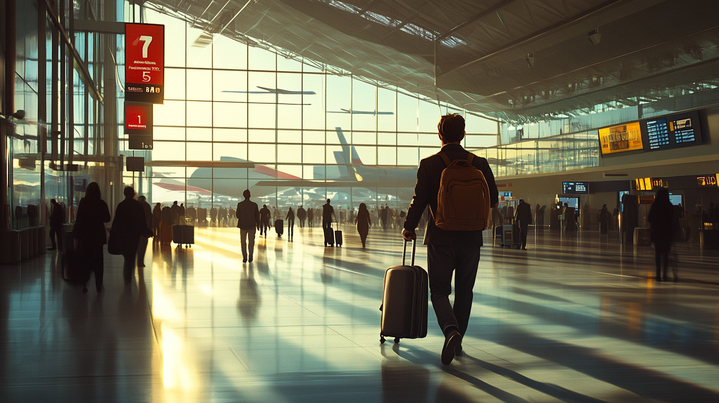 A person with a backpack is walking through a spacious airport terminal, pulling a suitcase. The terminal is filled with other travelers, and large windows reveal airplanes outside. Sunlight streams through the windows, casting long shadows on the floor. Departure signs and information boards are visible above.