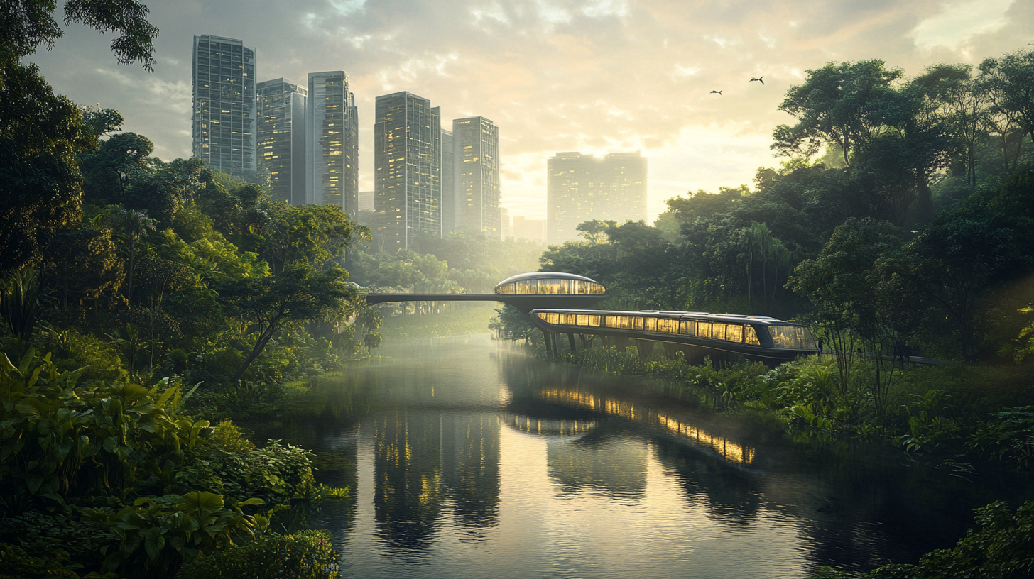 A futuristic scene depicting a sleek, modern train traveling on an elevated track through a lush, green forest. The train is crossing over a river, reflecting the surrounding trees and the train itself. In the background, there are tall, modern skyscrapers partially obscured by mist, and the sky is filled with soft, diffused sunlight. Birds are flying in the sky, adding to the serene atmosphere.