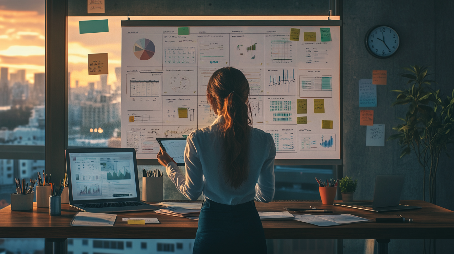 A woman stands in an office, facing a large board filled with charts and graphs. She holds a tablet and is surrounded by a desk with a laptop, documents, and stationery. The room has a large window with a cityscape view at sunset, and a clock on the wall shows the time. Sticky notes are attached to the board and wall, and a plant is nearby.