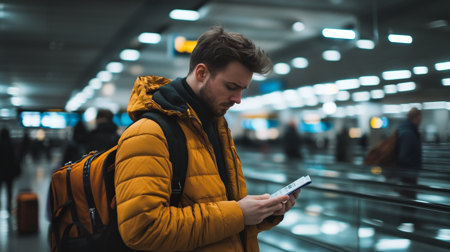 A man in a yellow jacket is standing in an airport terminal, looking at his phone. He has a backpack on and appears focused on the screen. The background is blurred, showing other travelers and bright overhead lights.