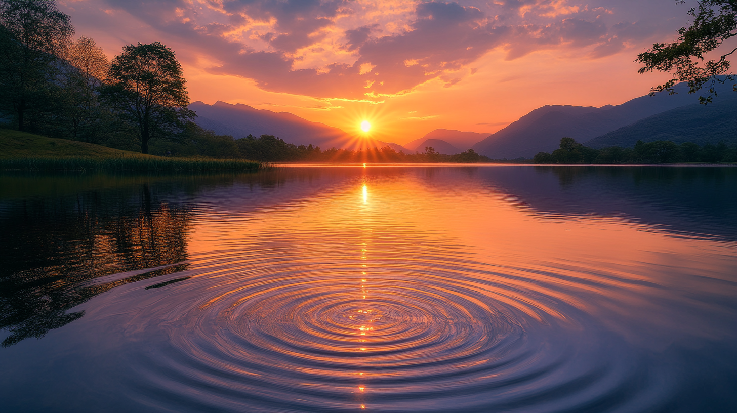 A serene lake at sunset with the sun setting behind distant mountains. The sky is filled with vibrant orange and purple hues, reflecting on the calm water. Trees line the shore, and gentle ripples spread across the lake's surface.