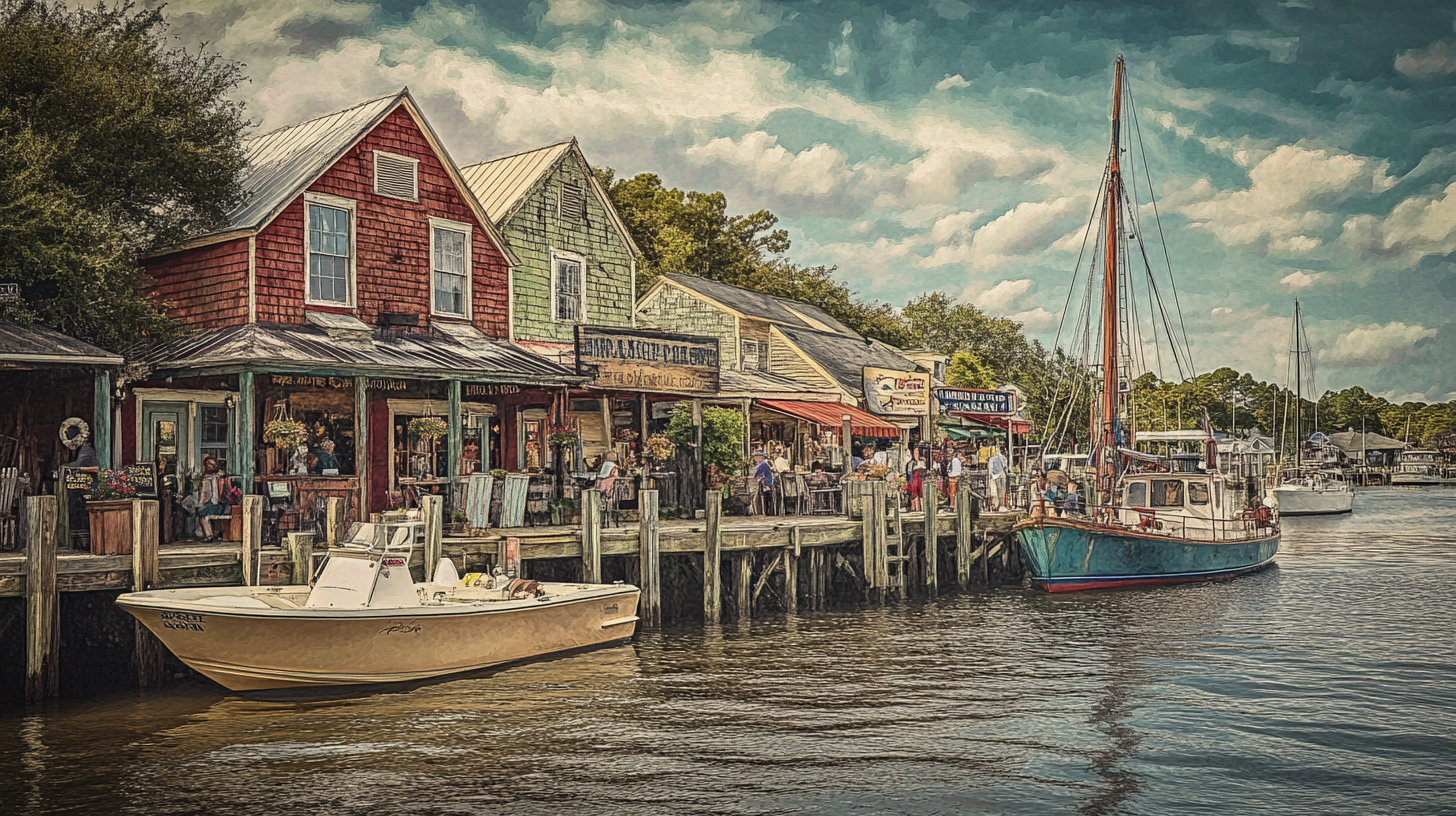 A picturesque waterfront scene featuring a row of charming, rustic buildings with colorful facades, likely shops or restaurants, along a wooden boardwalk. In front of the buildings, people are gathered, enjoying the lively atmosphere. Two boats are docked at the pier, one small white motorboat and a larger sailboat with a tall mast. The sky is partly cloudy, adding to the serene and inviting ambiance of the setting.