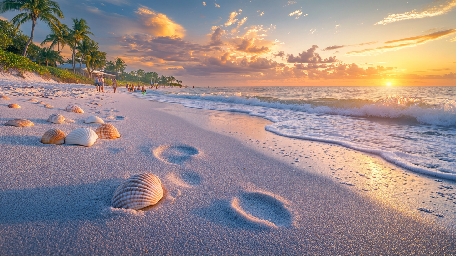 A serene beach scene at sunset, with the sun setting over the ocean. The sky is filled with colorful clouds, and gentle waves are lapping at the shore. The sandy beach is dotted with seashells and footprints, and there are palm trees and people walking in the distance.