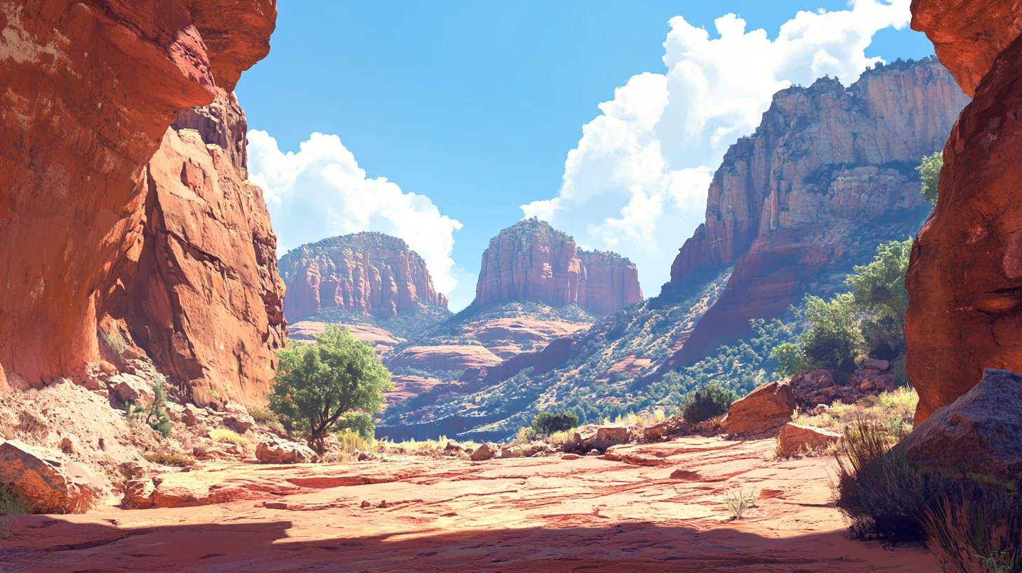 A scenic view of a desert landscape featuring red rock formations and cliffs under a bright blue sky with fluffy white clouds. The foreground shows a rocky, sunlit terrain with sparse vegetation, including a few green trees and bushes. The background is dominated by large, rugged rock formations and mesas.