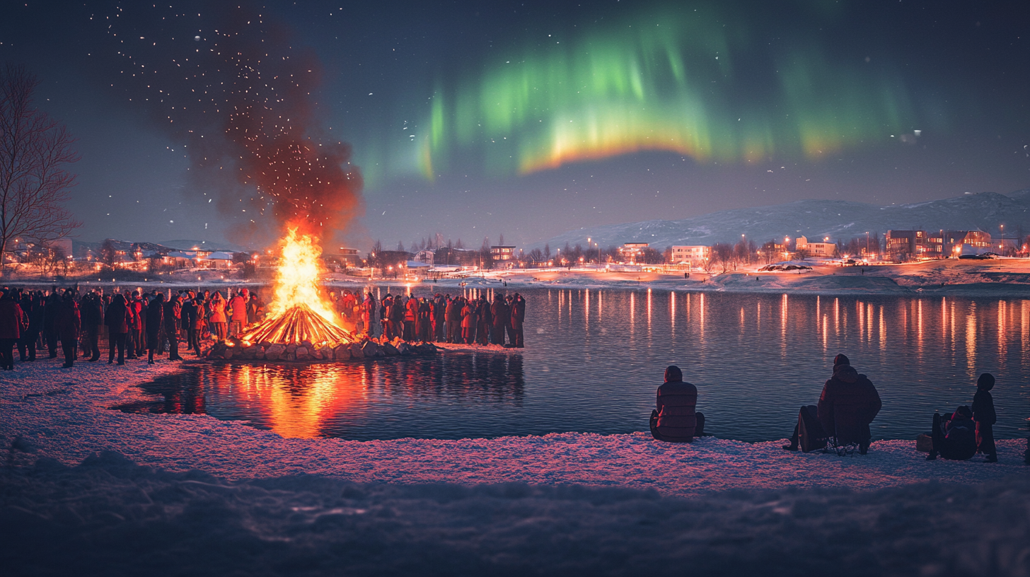 A large bonfire is burning on a snowy riverbank, surrounded by a crowd of people. The night sky is illuminated by the vibrant green and yellow hues of the Northern Lights. Across the river, a town is visible with lights reflecting on the water. A few people are seated on the snow, watching the scene.