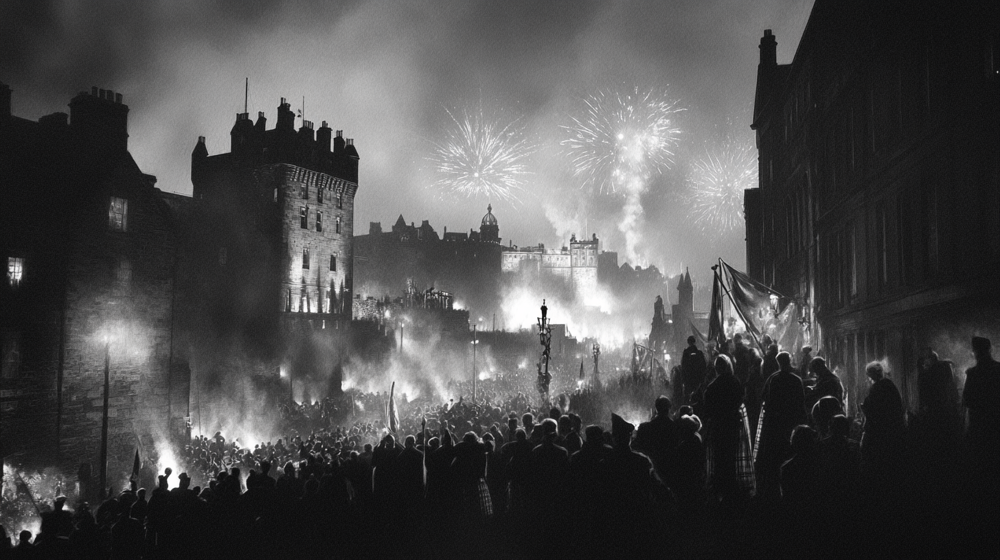 A black and white image depicting a large crowd gathered in a historic city setting at night. Fireworks light up the sky above a castle-like structure in the background. The scene is filled with smoke and illuminated by the glow of the fireworks, creating a dramatic atmosphere. Silhouettes of people are visible in the foreground, some holding flags.