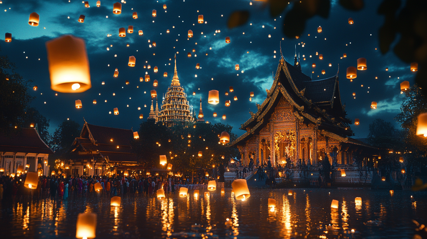 The image depicts a nighttime scene of a traditional Asian temple with intricate architecture, surrounded by a large crowd of people. Numerous glowing lanterns are floating in the sky and reflecting on the water below, creating a magical and festive atmosphere. The sky is dark, enhancing the warm glow of the lanterns and the illuminated temple.