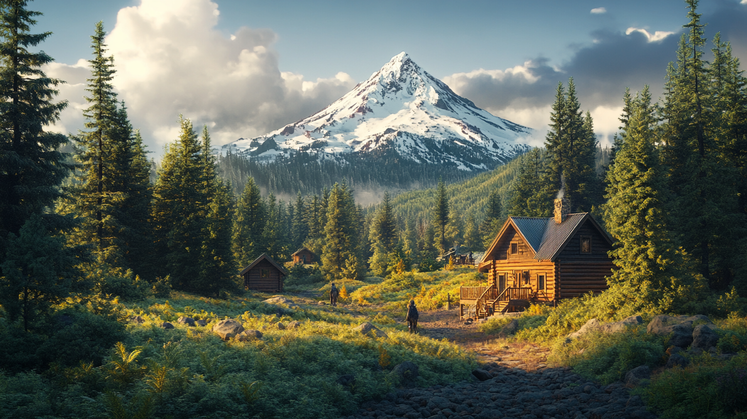 A scenic landscape featuring a log cabin in the foreground surrounded by lush green trees. In the background, a snow-capped mountain rises majestically under a partly cloudy sky. A few people are walking along a path leading to the cabin, and smoke is coming from the chimney, suggesting a cozy atmosphere.