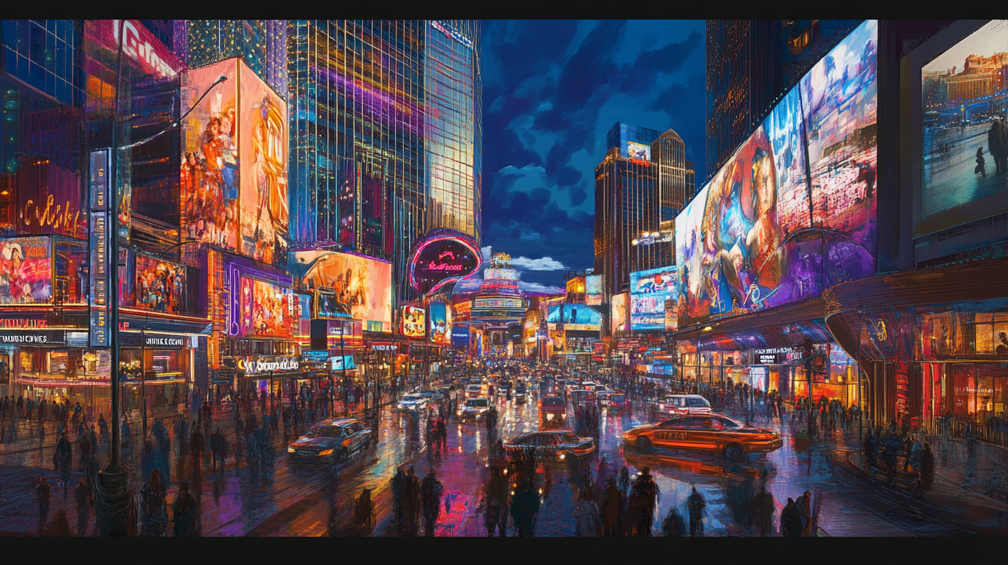 A vibrant, colorful cityscape at night, depicting a busy urban street filled with people and cars. The scene is illuminated by numerous bright, neon signs and billboards on tall buildings, creating a lively and bustling atmosphere. The wet pavement reflects the lights, adding to the dynamic and energetic feel of the image.