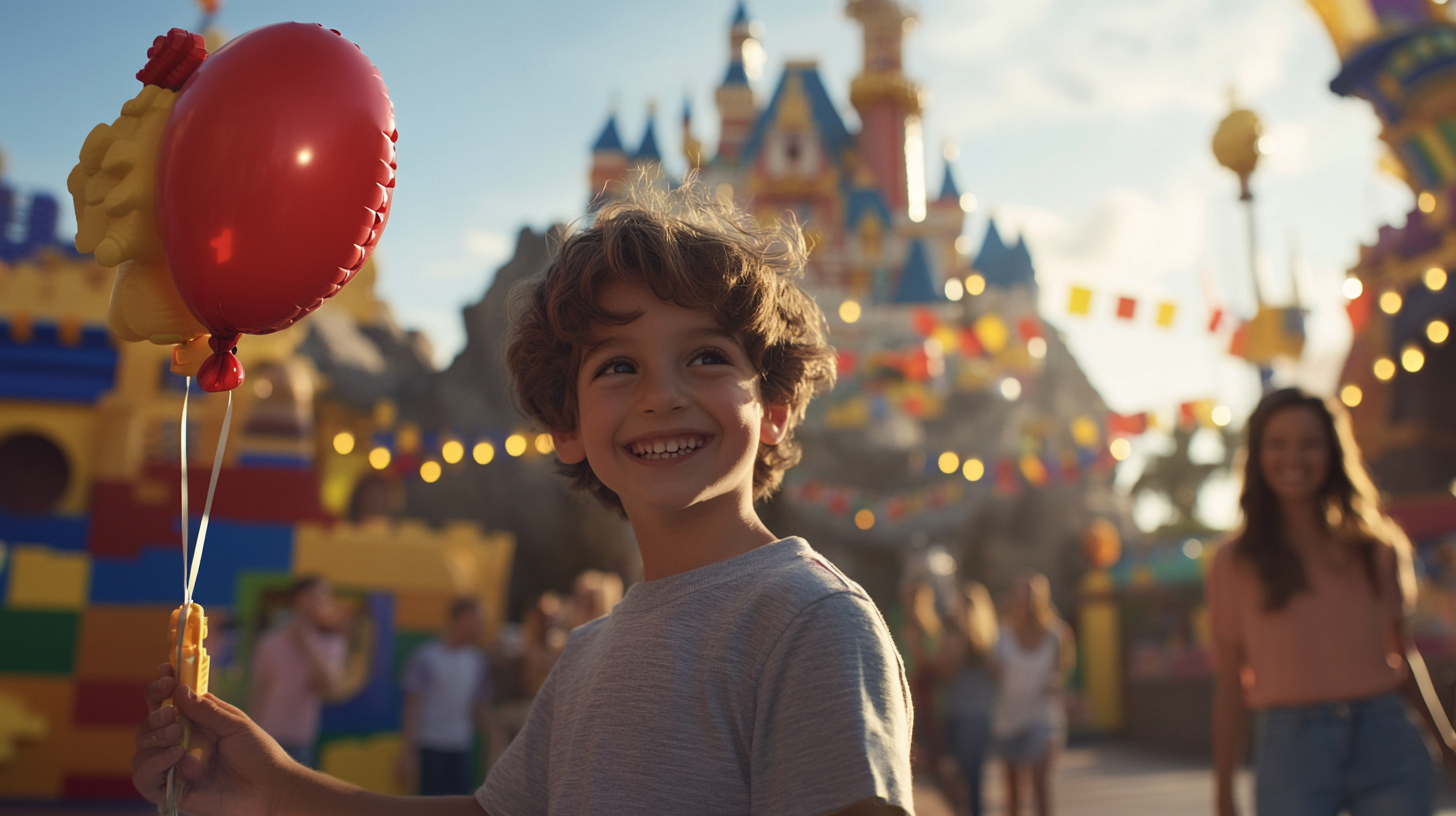 A young boy is smiling and holding a red balloon in an amusement park. In the background, there is a colorful castle with blue and gold spires, and festive string lights are hanging. People are walking around, and the atmosphere is bright and cheerful.