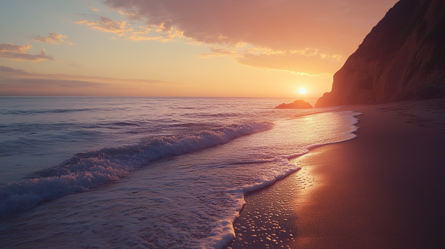 A serene beach scene at sunset, with gentle waves lapping the shore. The sky is a mix of warm orange and pink hues, and the sun is partially visible near the horizon. A rocky cliff is on the right side of the image, casting a shadow on the sand.