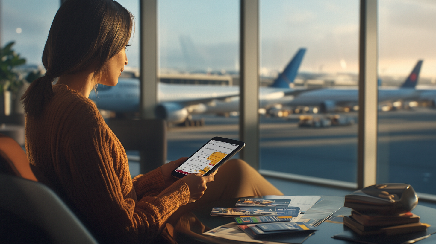 A woman is sitting in an airport lounge, looking at a tablet. She is wearing a brown sweater and has her hair tied back. In front of her on the table are some brochures and a wallet. Through the large windows, several airplanes are visible on the tarmac, with a clear sky in the background.