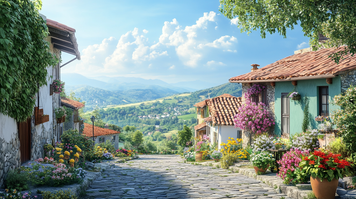 A picturesque village street with stone houses adorned with colorful flowers and plants. The houses have terracotta roofs, and the street is paved with cobblestones. In the background, there are rolling green hills and a clear blue sky with fluffy clouds.