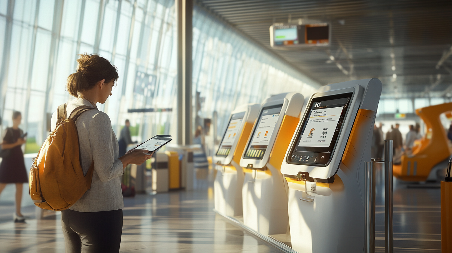 A woman with a yellow backpack is using a tablet while standing in front of a row of self-service kiosks in a modern, sunlit airport terminal. The kiosks have touchscreens displaying various options. The terminal has large windows and a few people in the background.