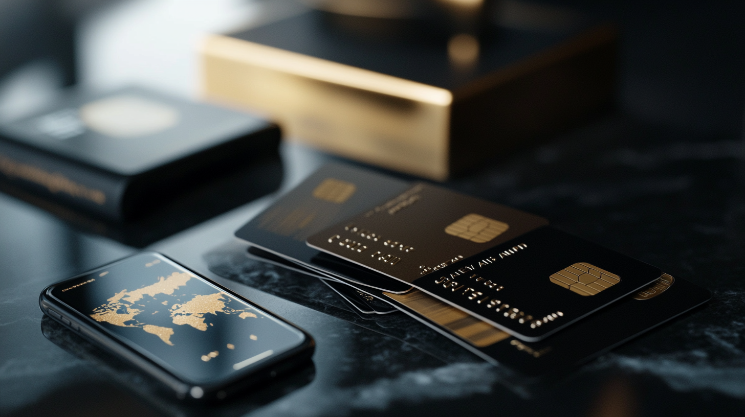 A close-up image of several black and gold credit cards with chip technology, placed on a dark, reflective surface. In the foreground, there is a smartphone displaying a world map in gold. The background features a blurred, gold-colored object. The overall aesthetic is luxurious and sophisticated.