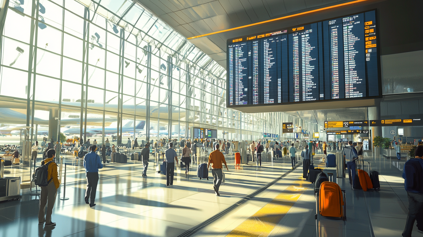 The image shows a busy airport terminal with people walking and pulling luggage. There is a large digital flight information board hanging from the ceiling, displaying flight details. The terminal has high glass windows allowing natural light to illuminate the space. Airplanes can be seen parked outside through the windows. The atmosphere is bustling with travelers.