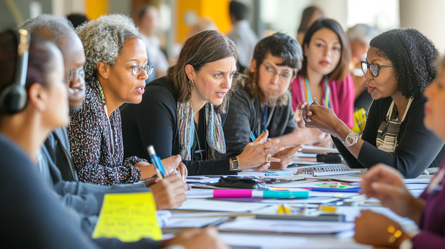 A group of people are engaged in a discussion around a table. They are focused and appear to be collaborating, with papers, notebooks, and pens scattered on the table. The setting looks like a meeting or workshop.