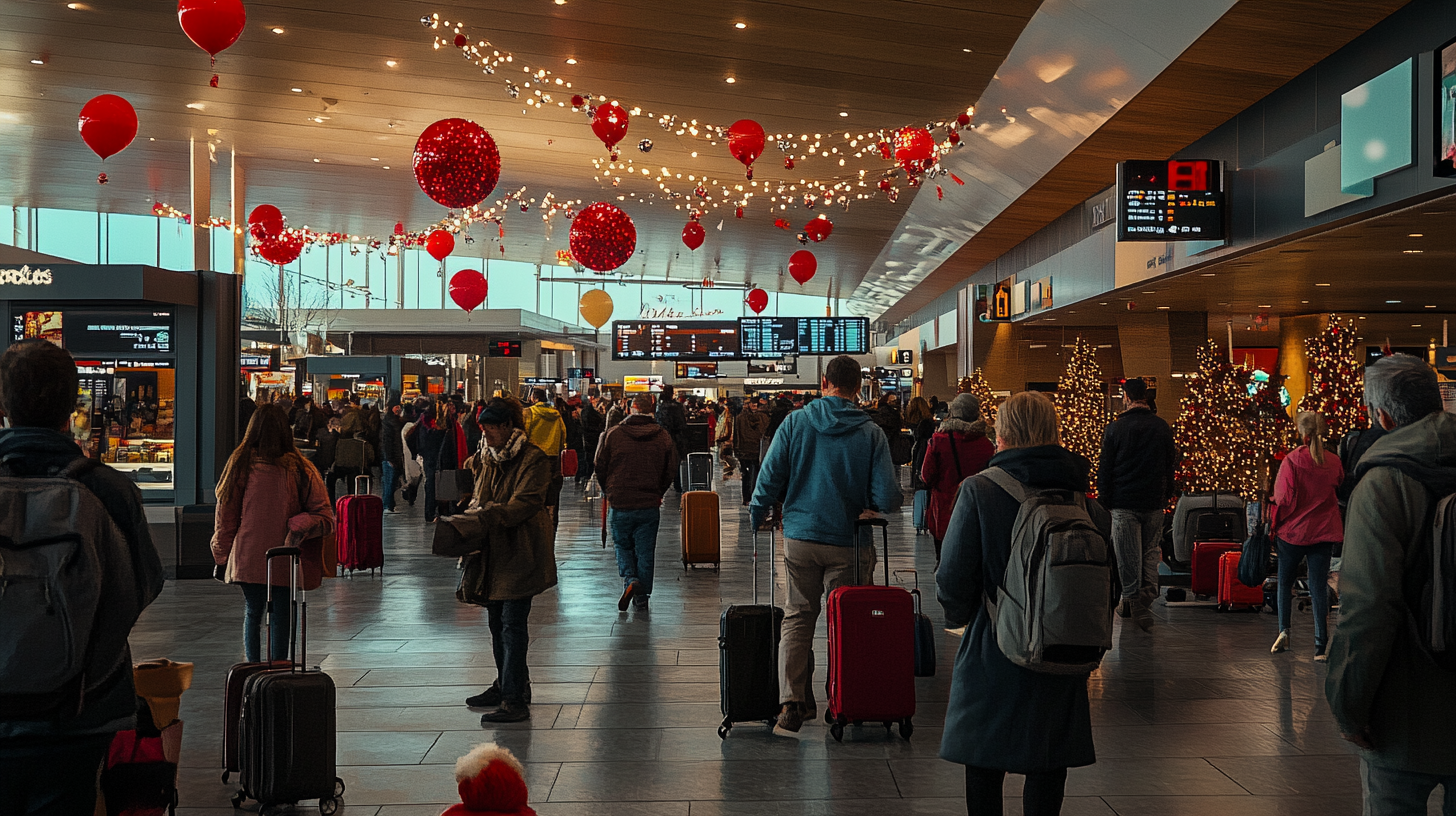 A busy airport terminal decorated for the holiday season. Red balloons and festive lights hang from the ceiling. People are walking with luggage, and Christmas trees with lights are visible. Information boards display flight details.