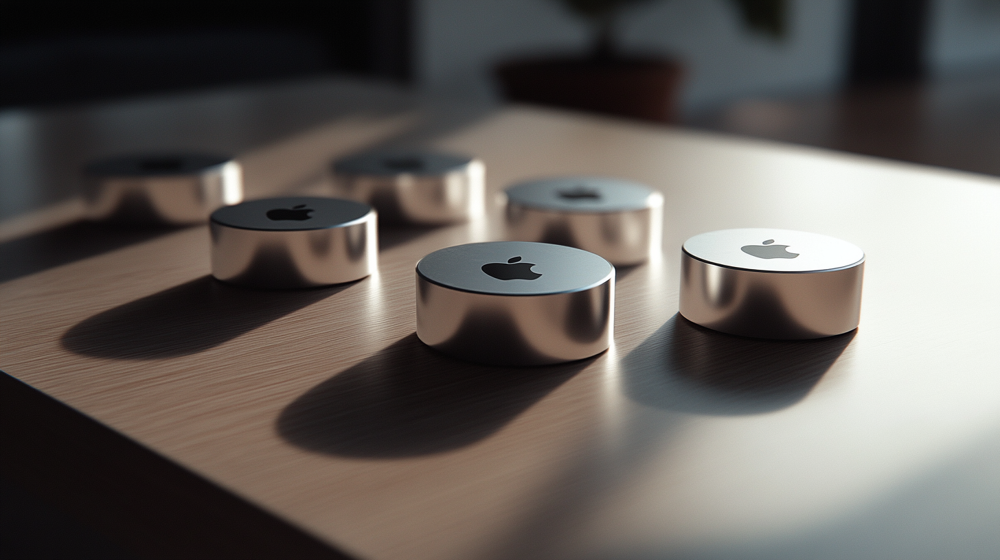 The image shows several small, round, metallic objects with the Apple logo on top, placed on a wooden surface. The objects are evenly spaced and cast soft shadows, suggesting a well-lit environment.