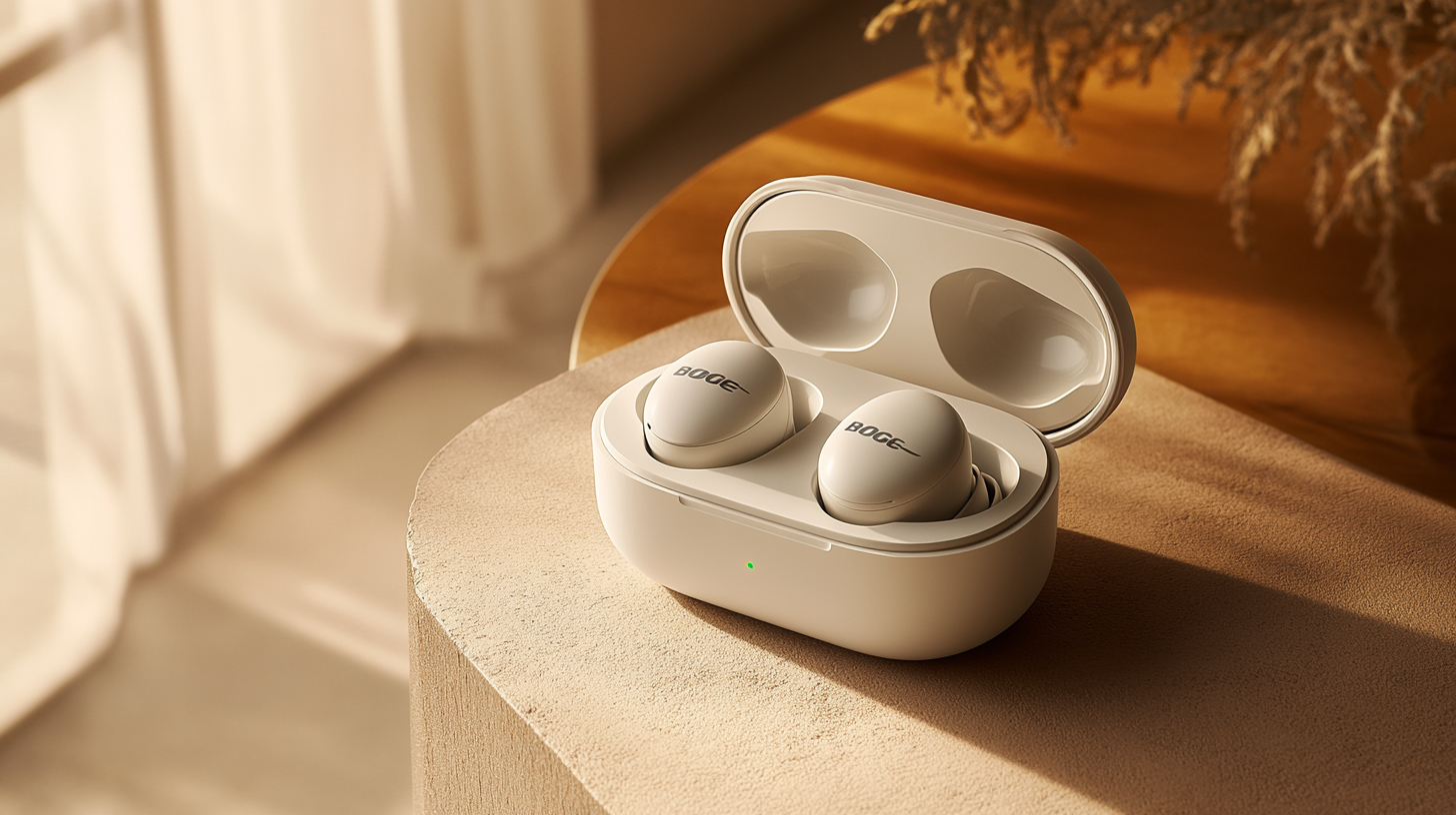 The image shows a pair of white wireless earbuds in an open charging case. The earbuds have a logo on them, and the case is placed on a textured surface with soft, warm lighting. In the background, there are blurred curtains and some decorative plants.