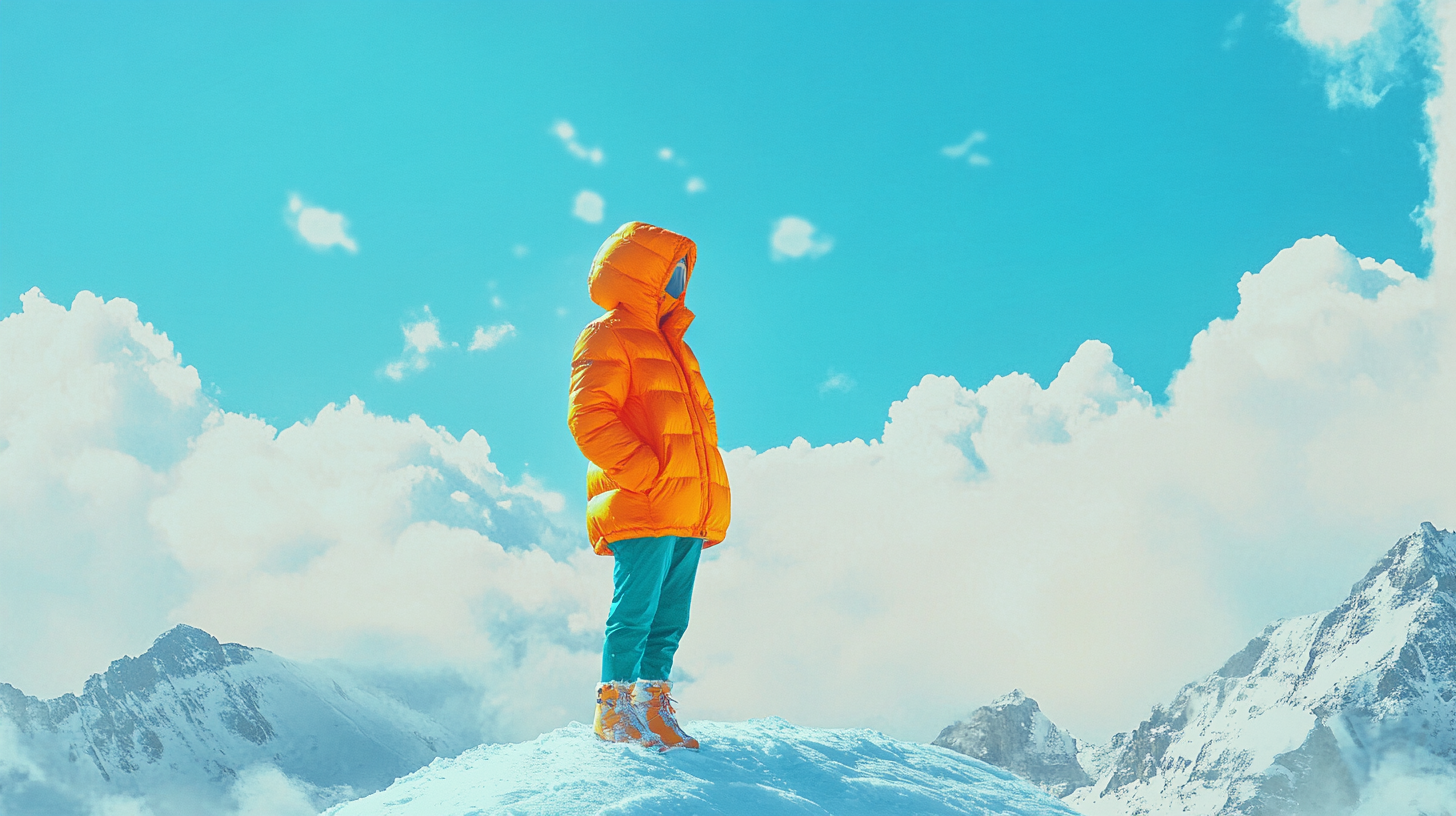 A person in a bright orange puffer jacket and teal pants stands on a snowy mountain peak. They are wearing orange boots and have their hood up. The sky is clear and blue with a few fluffy clouds, and snow-covered mountains are visible in the background.