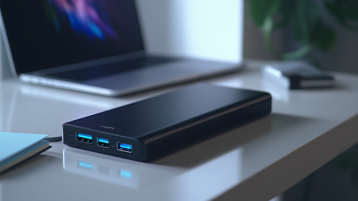 A sleek black power bank with multiple USB ports is placed on a white desk. In the background, there is a laptop with a colorful screen and a blurred plant. The setting appears to be a modern workspace.