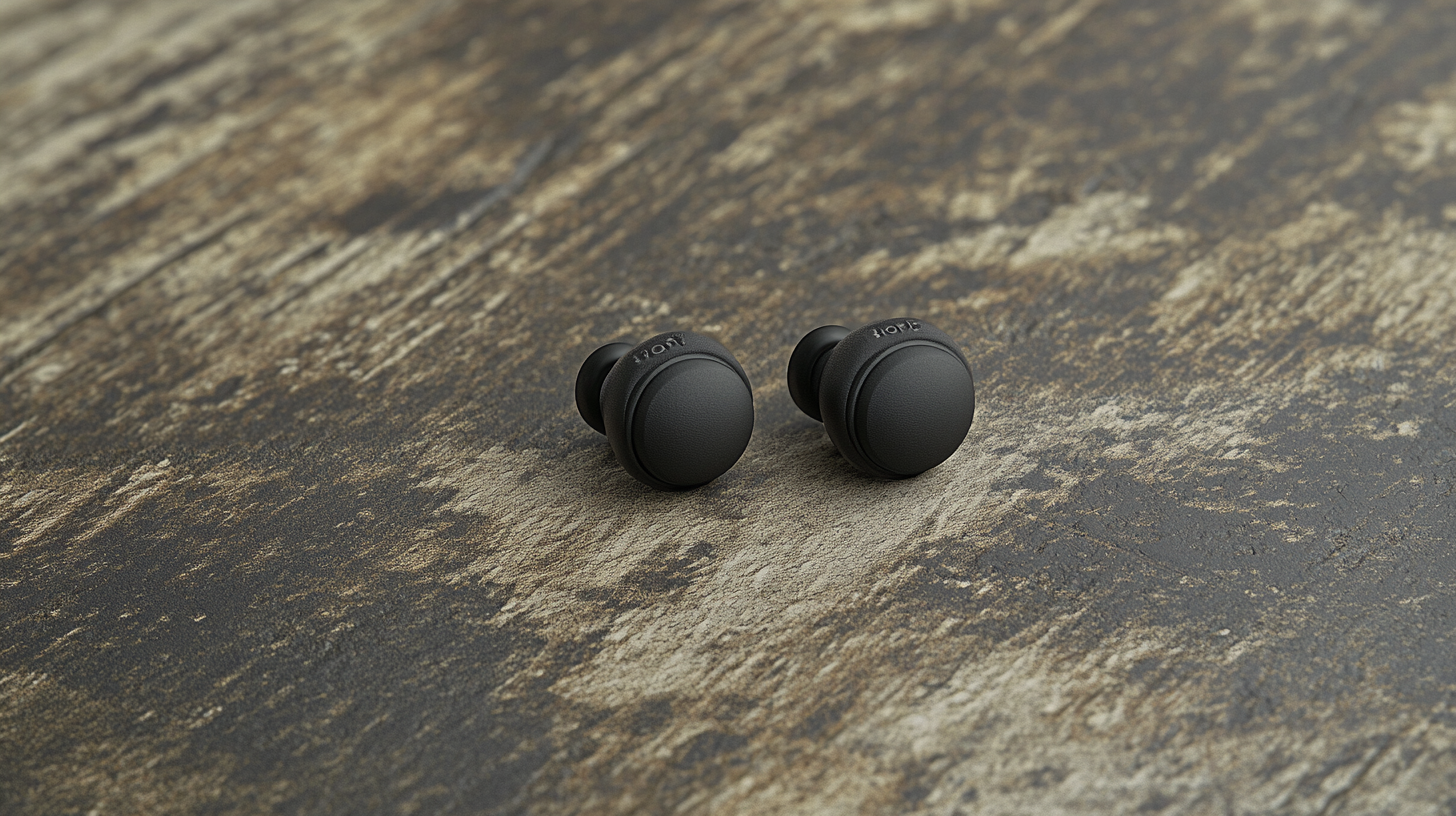 The image shows a pair of black wireless earbuds placed on a textured, wooden surface. The earbuds have a sleek, rounded design.