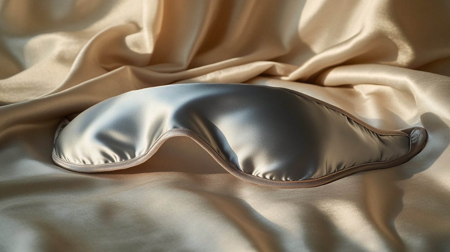 A silky sleep mask resting on a smooth, light-colored satin fabric. The fabric has gentle folds, creating a soft and luxurious appearance.