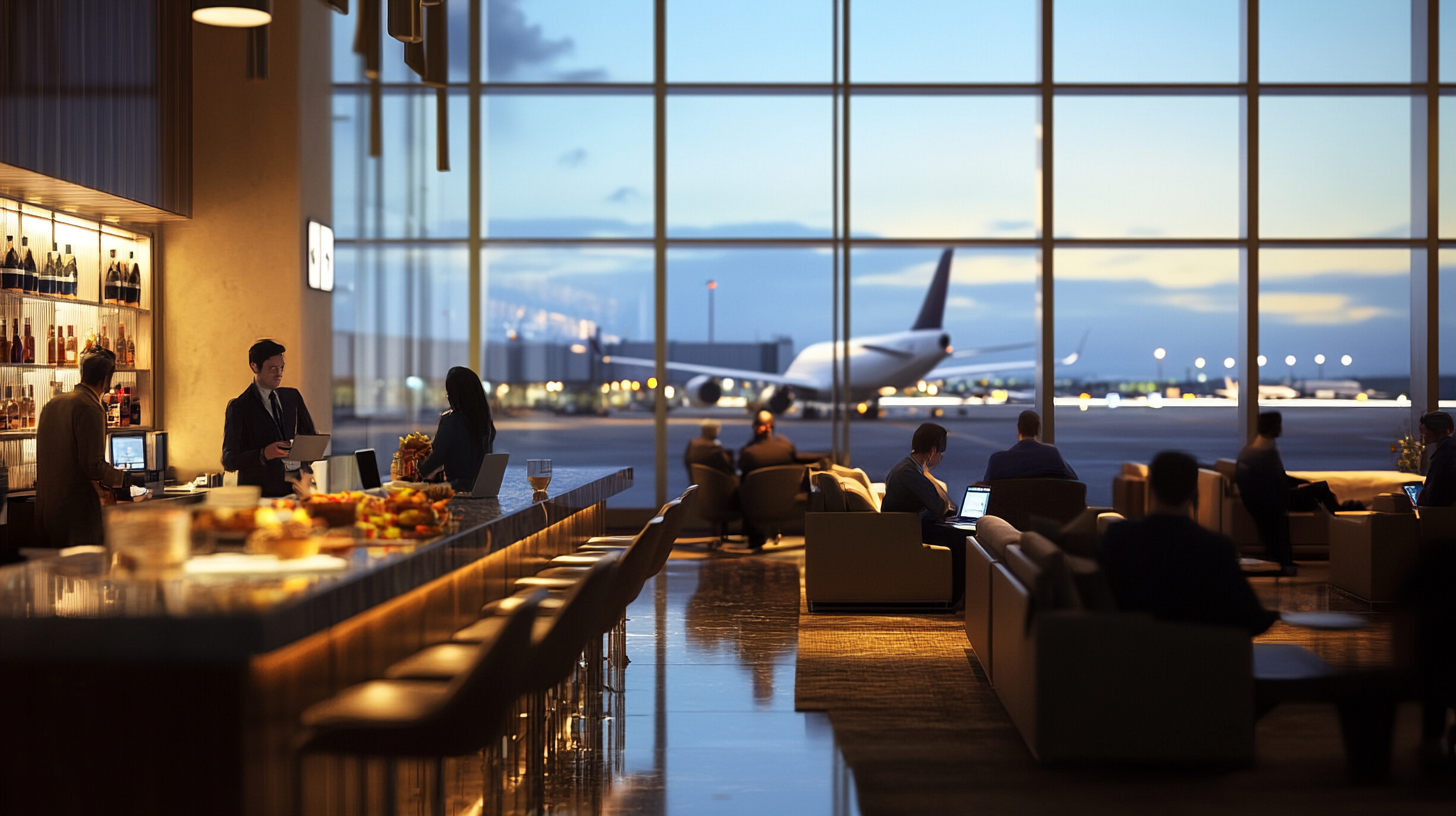 The image shows an airport lounge with people sitting on comfortable chairs, some using laptops. A bar area is visible on the left, with a bartender and a few patrons. Large windows provide a view of an airplane parked on the tarmac outside, with the sky showing a mix of daylight and clouds. The atmosphere is calm and modern.