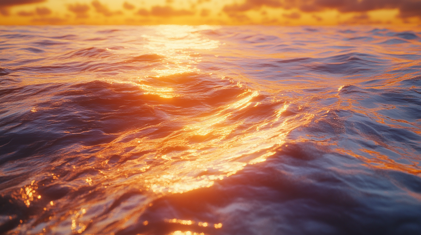 A vibrant sunset over the ocean, with the sun's golden light reflecting off the rippling waves, creating a warm and serene atmosphere.