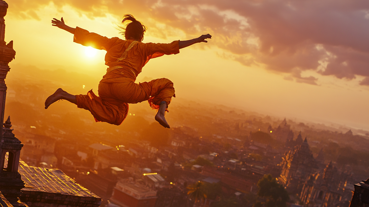 A person in an orange outfit is captured mid-air, leaping from a rooftop with a dramatic sunset in the background. The scene overlooks a cityscape with ancient temples and buildings, creating a silhouette effect against the vibrant sky.