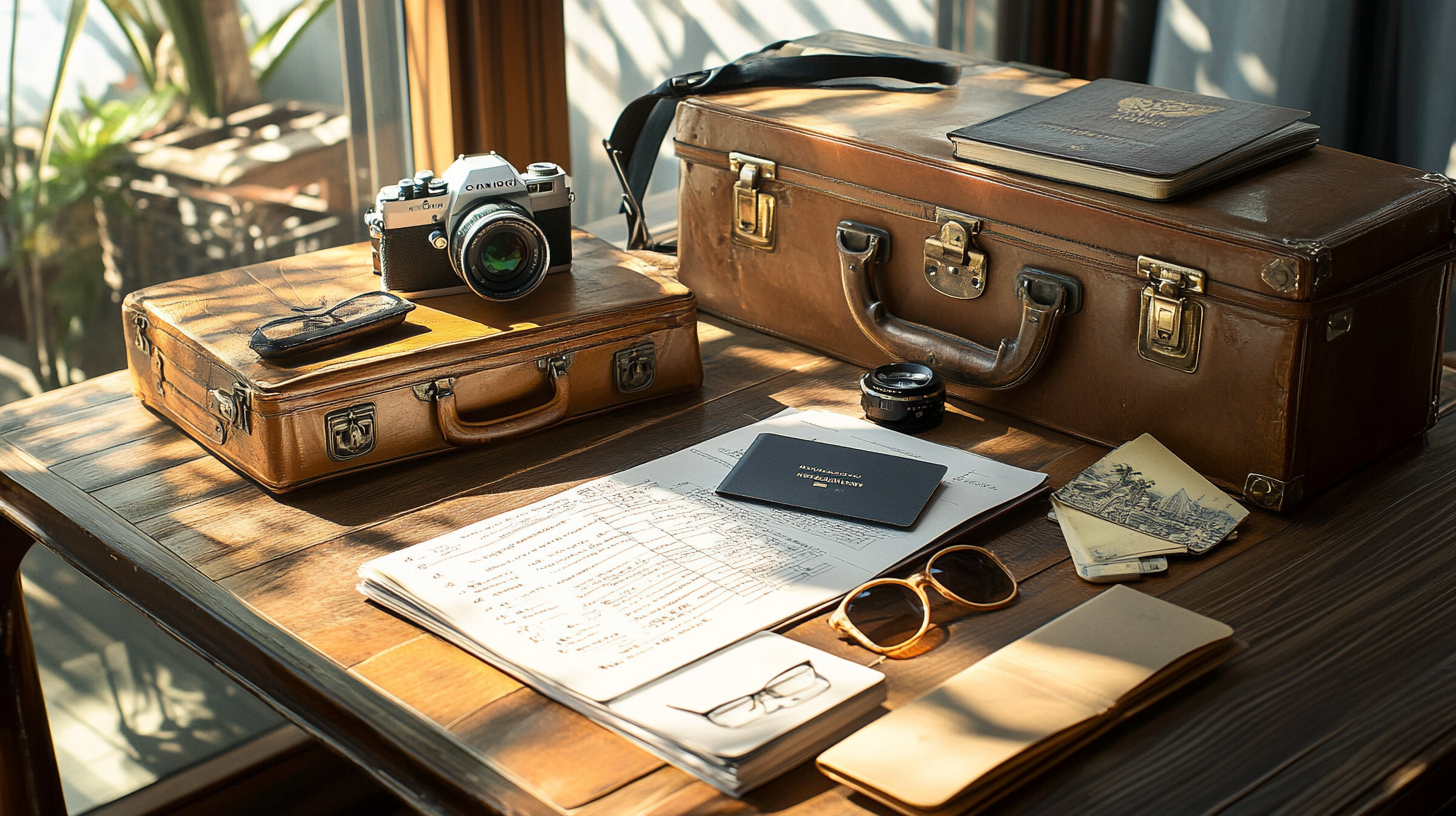 A wooden table is covered with travel-related items, including two vintage brown leather suitcases, a camera, a pair of glasses, a passport, a lens, a notebook, and some documents. Sunlight streams in, casting shadows and creating a warm, nostalgic atmosphere.