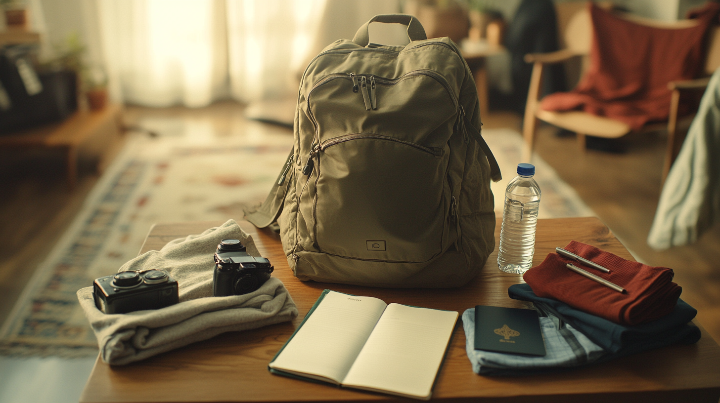 A neatly arranged travel setup on a wooden table. In the center is a beige backpack. Surrounding it are two vintage cameras on a folded sweater, an open notebook, a water bottle, a stack of folded clothes with a pen on top, and a passport. The background features a cozy room with soft lighting and a rug.