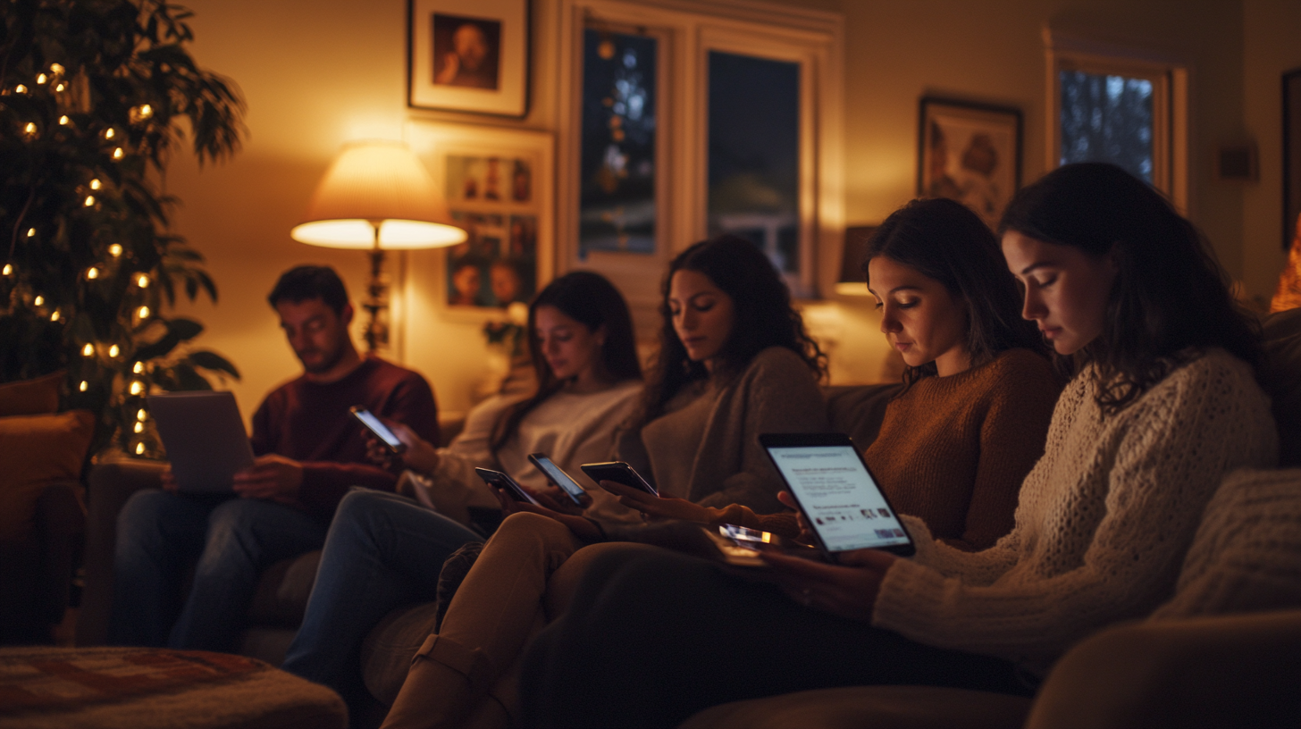 A group of five people sitting on a couch in a cozy, dimly lit living room. They are all focused on their electronic devices, such as smartphones and tablets. A lamp and string lights provide warm lighting, and framed pictures are visible on the walls.