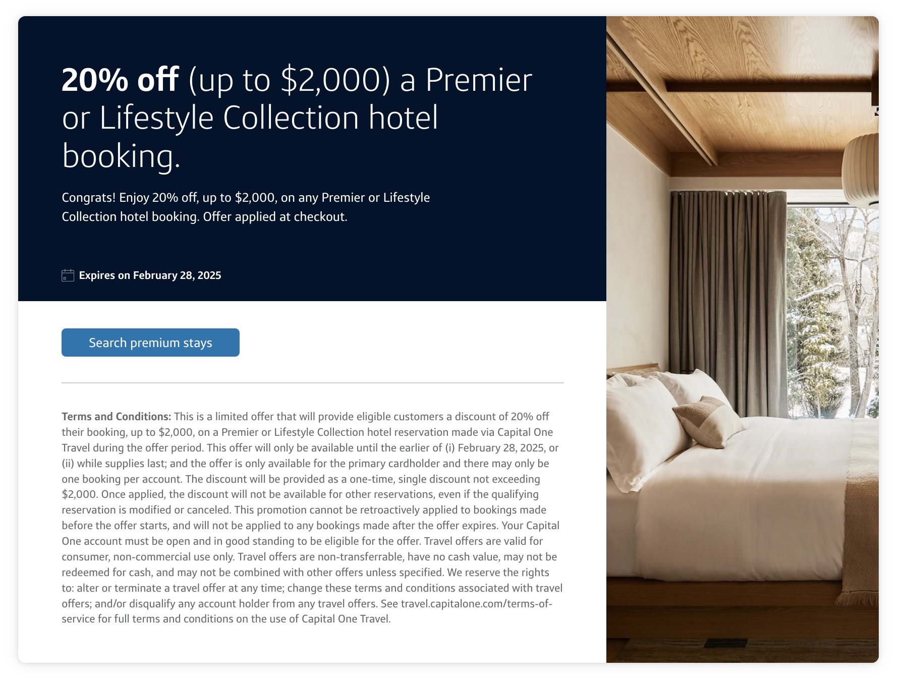 20% Capital One Premier and Lifestyle Hotel booking ( up to $2k )