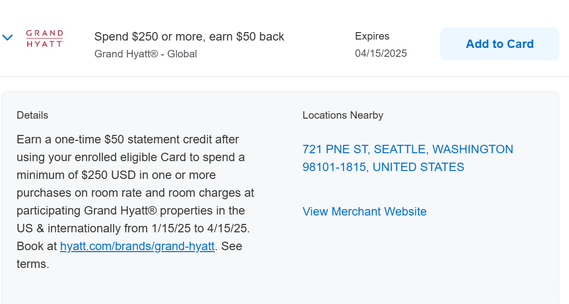 Grand Hyatt Amex Offer: Get $50 back on $250+ in spend