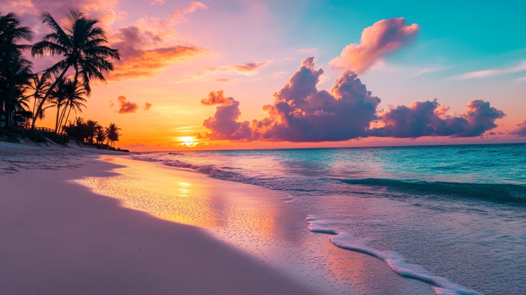 a beach with palm trees and waves