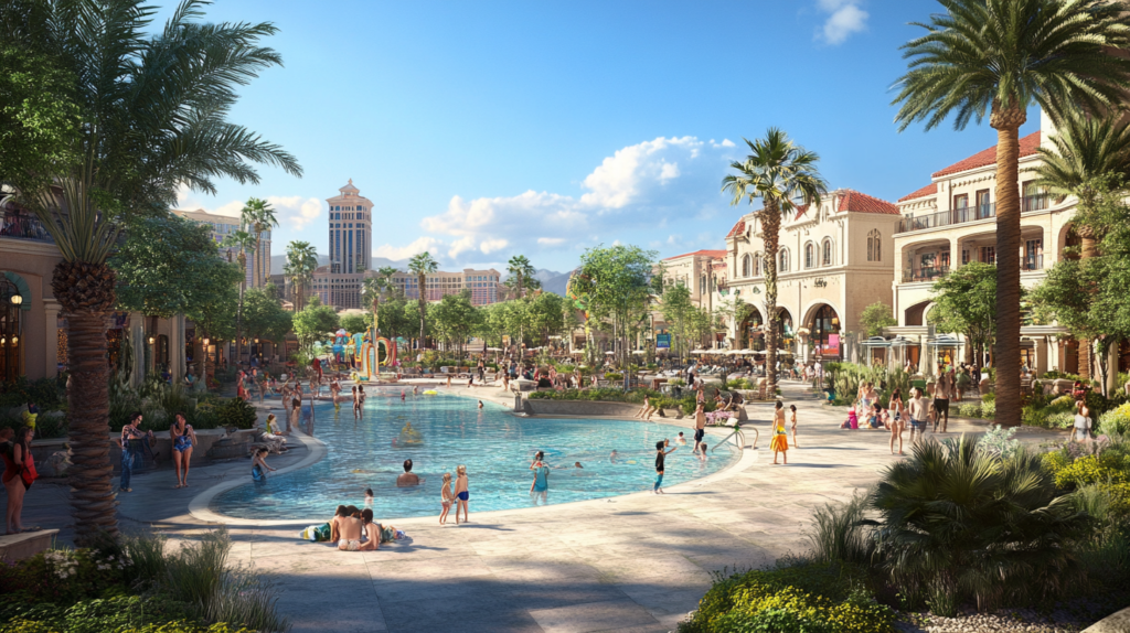 a pool with people in it with Flamingo Las Vegas in the background