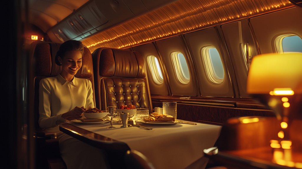 a woman sitting at a table in a plane