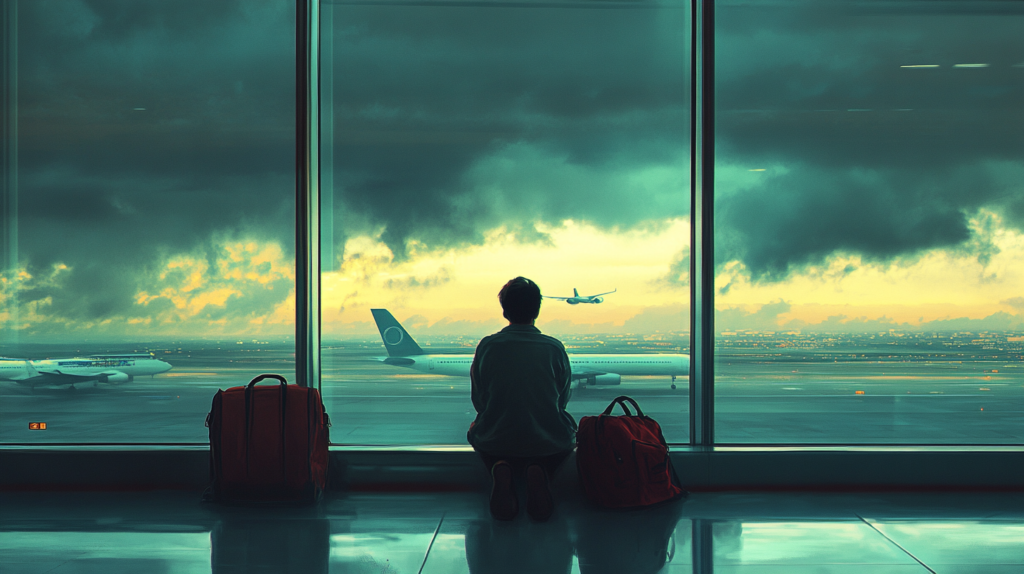 A person is kneeling in front of a large airport window, watching planes on the runway and one taking off. The scene is set during a dramatic sunset with dark clouds. Two red bags are placed on either side of the person.