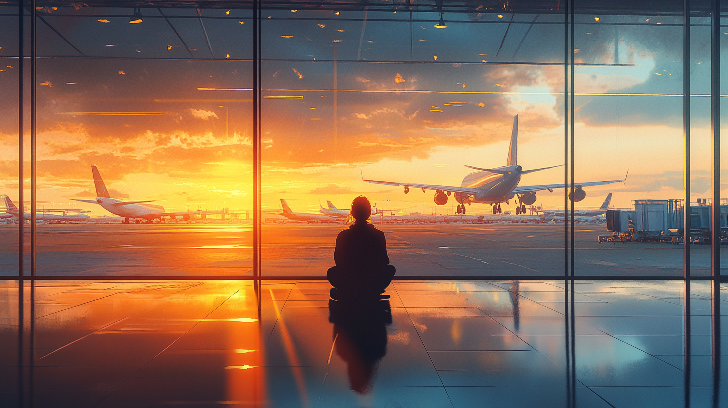 A person is sitting cross-legged on the floor inside an airport terminal, looking out through large glass windows at an airplane taking off or landing. The scene is set during a vibrant sunset, casting warm orange and yellow hues across the sky and reflecting on the shiny floor. Other airplanes and airport equipment are visible in the background.