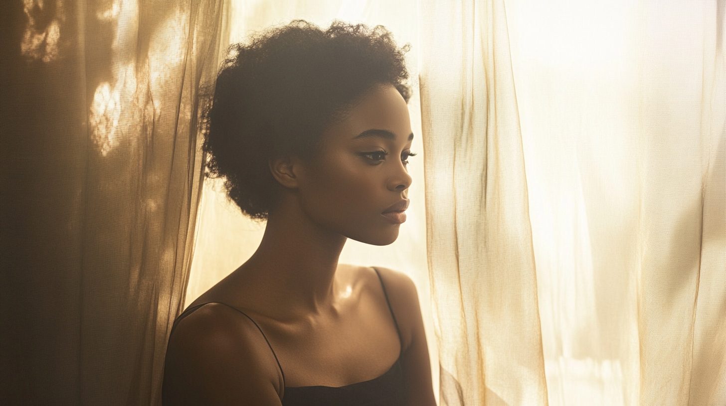 A woman with short curly hair is sitting in front of a softly lit curtain. She is wearing a black spaghetti strap top and gazing thoughtfully to the side. The warm light creates a serene and contemplative atmosphere.