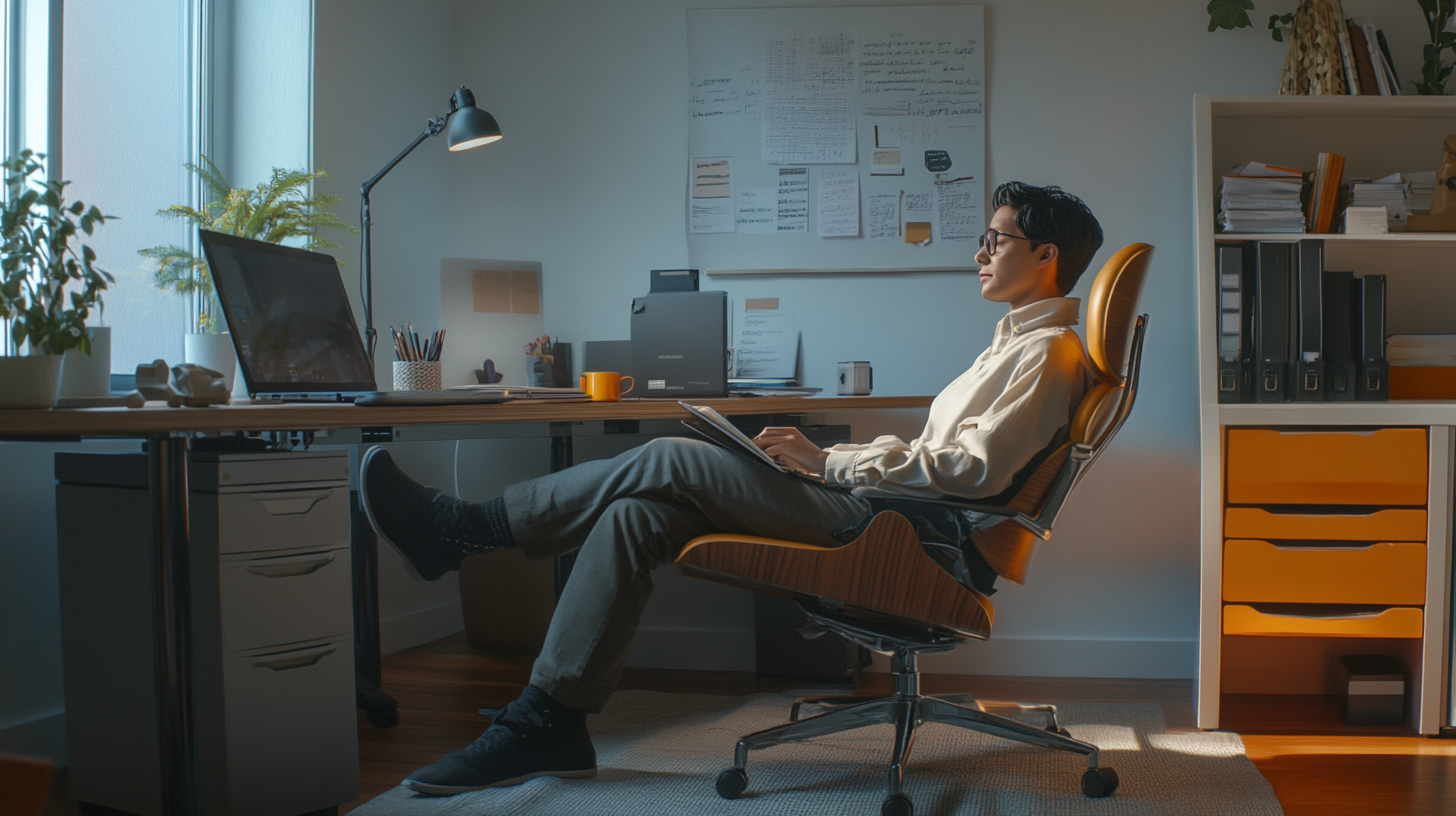 A person is sitting in a modern office chair, leaning back with their feet up on a desk. They are holding a tablet and looking at a laptop on the desk. The room is well-lit with natural light coming from a window. The desk is organized with various office supplies, a potted plant, and a bright orange mug. A bulletin board with papers is on the wall, and a bookshelf with binders and books is in the background.